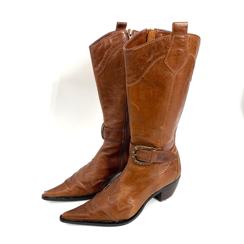 Vintage Western Cowgirl Boots Brown Leather Snip Toe Women 8.5 Buckle Zip